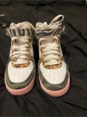 Nike Air Force One White Leopard Accent High-Top Sneakers with Pink Sole